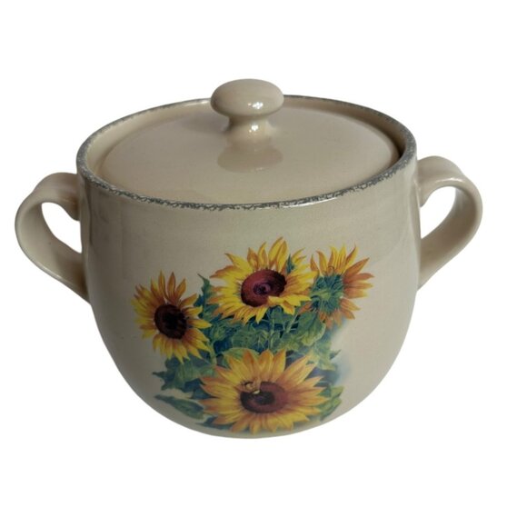 Home And Garden Stoneware Collection Open Handle Crock with Lid Daisy Floral - Picture 1 of 8